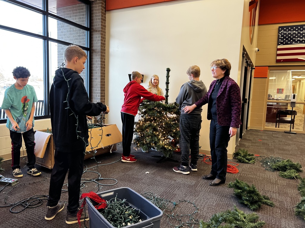 Students working to put up the branches and lights on a Christmas tree. 