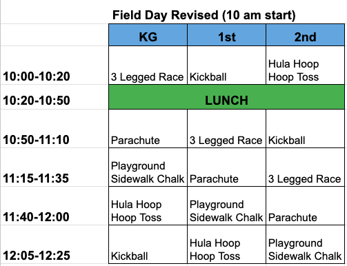 revised field day schedule